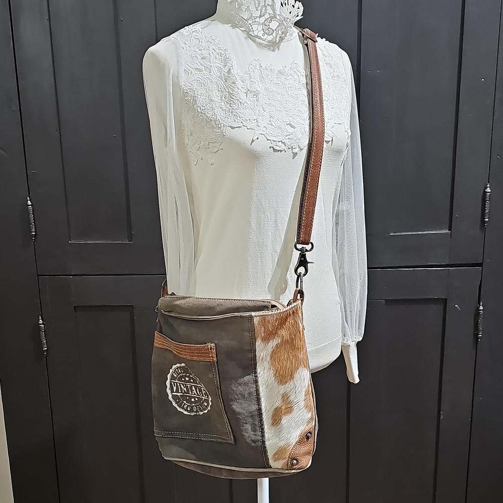 Myra Bag Beige Canvas Interior with Brown Trim Bucket Purse - Picture 3 of 10